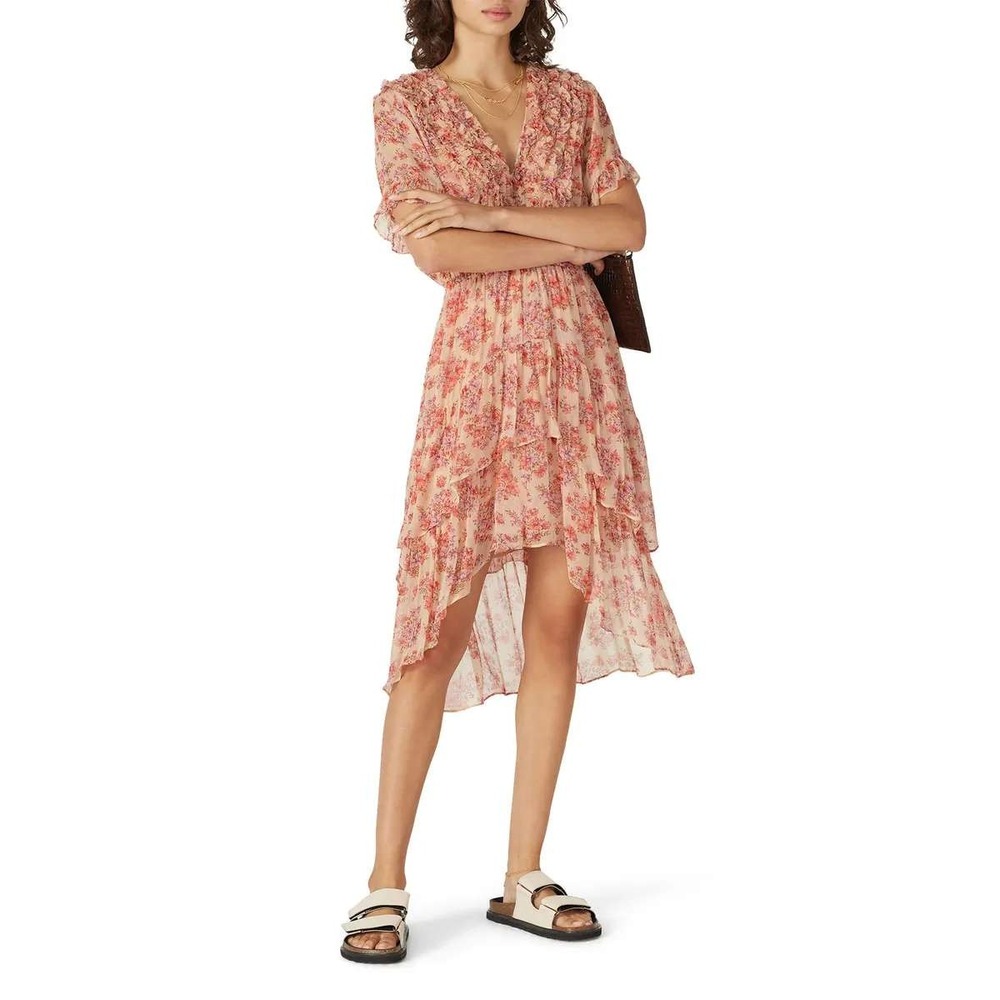 The Kooples Floral Frill Dress Ruffle High-Low Tiered Viscose Pink Red Size 3